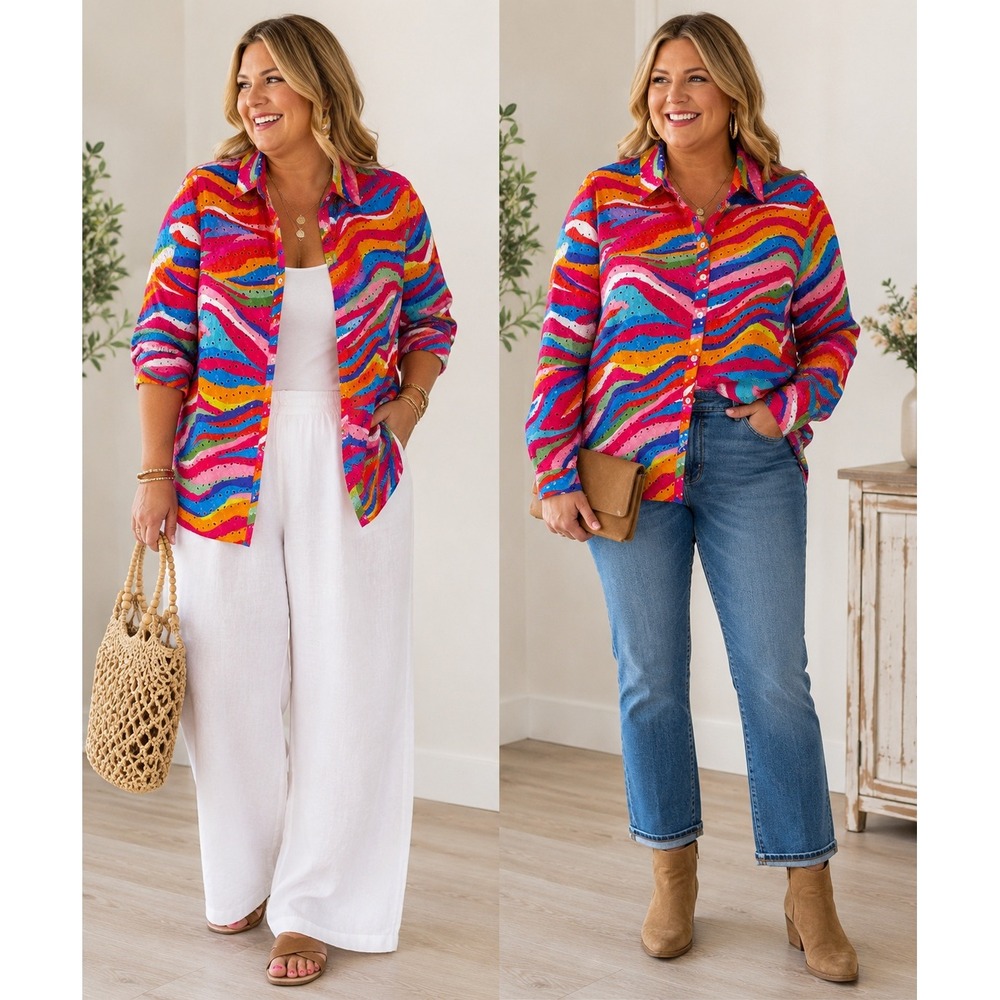 John Mark XL Multicolor Eyelet Button Front Cotton Shirt Abstract Stripe Top